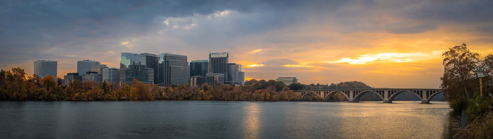 Sunset over the Rosslyn skyline and Francis Scott Key Bridge in Northern Virginia